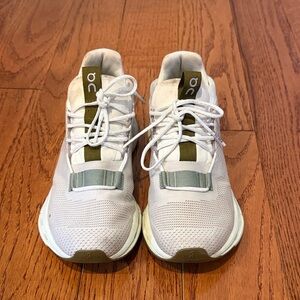 On Running White and Olive Sneakers